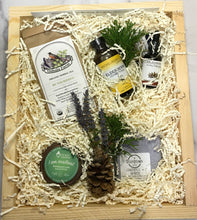 Load image into Gallery viewer, Sample box containing elderberry tea mix, tincture, elderberry tonic, soy candle and soap
