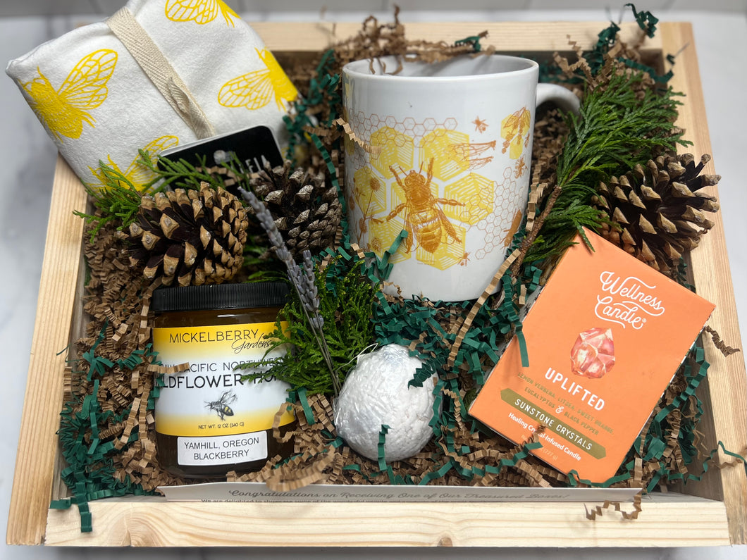 Gift Box with local honey tea towel wellness candle bath bomb bee mug