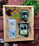 Sample box containing Oregon Luv mug, hot chocolate, coffee beans, chocolate truffles, chocolate truffle bar.