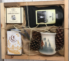 Load image into Gallery viewer, Sample box containing a sasquatch mug, hot chocolate mix, coffee beans, and chocolate truffles.
