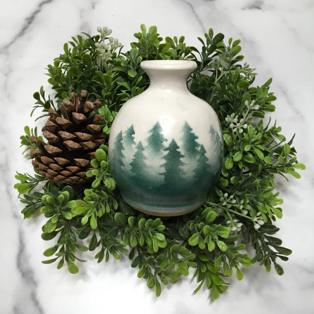 Handmade Lindsoe Clayworks bud vase with trees