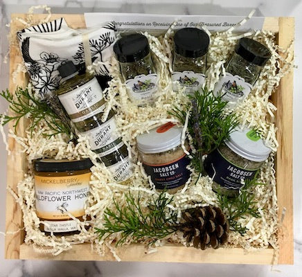 Locally grown and dried spices, Olive olis, cooking salt honey and tea towel gift box/basket