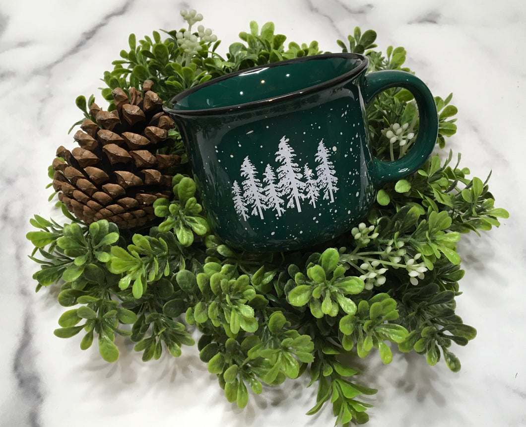 Our Custom 8oz Doug fir tree camping style mug